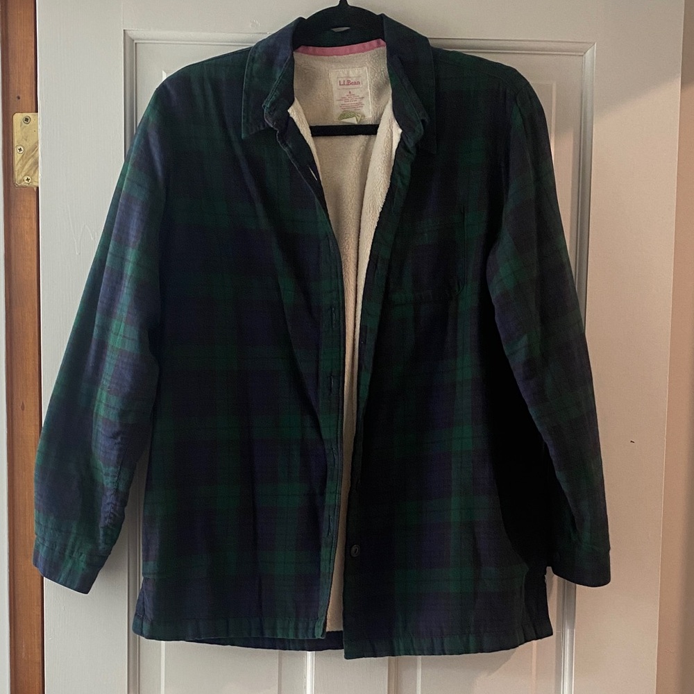 L.L. Bean Green and Navy Plaid Sherpa-Lined Shacket